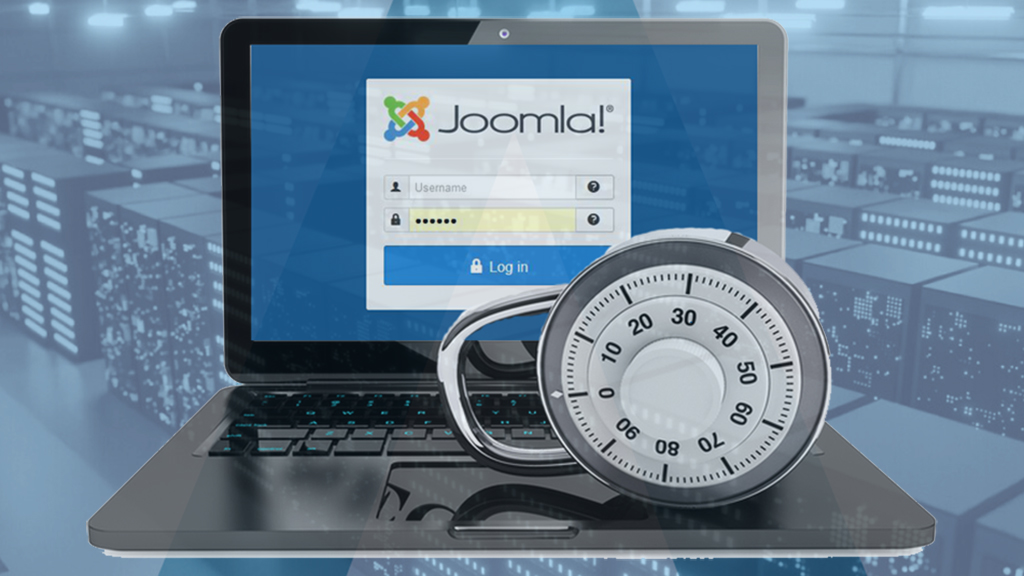 Combination padlock on open laptop displaying Joomla! 3 admin login screen superimposed over network visualization.